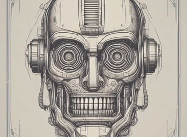 A metallic robot with glowing red eyes and a slightly tilted head appears against a dark background. The robot's joints and mechanical components are visible, emphasizing its futuristic design.