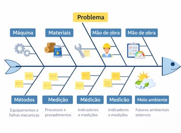 Exemplo do diagrama de Ishikawa com os 6Ms para análise de causa raiz em processos