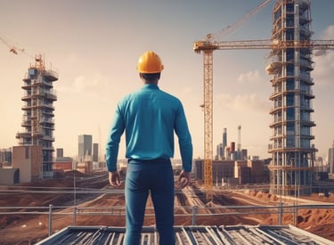 An urban construction area with a sign displaying 'Brookfield Multiplex' on a black background. A truck is visible on the street with orange safety barriers nearby. Skyscrapers and other buildings can be seen in the background.