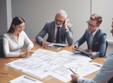 A multi-story building with a business on the ground floor displaying a sign for an architectural company. The facade includes balconies with railings. In front of the entrance, there is a table covered with a red cloth, adorned with decorative floral arrangements. Motorbikes are parked along the sidewalk and there are some potted plants on a ledge above the entrance.