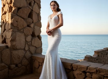 a woman in a white dress standing in front of a stone wall