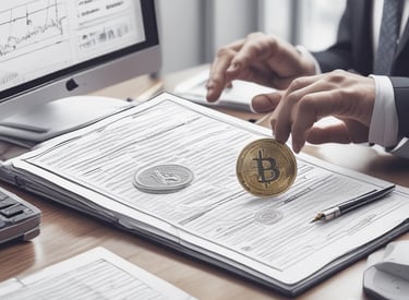 A person with blond hair wearing a white shirt holds a gold coin embossed with a cryptocurrency symbol in front of one eye. The background is plain and gray, focusing attention on the subject.