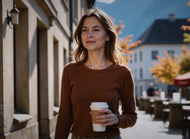 Flux - a woman holding a cup of coffee in a city