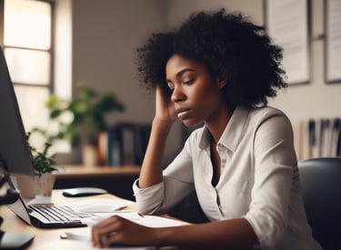 a woman sitting at a desk with a laptop and a computer