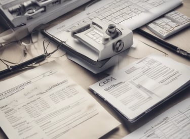 A person is sitting on the floor surrounded by tax forms and documents, holding a piece of paper in one hand. There is a smartphone with a calculator app open, and a pen placed on one of the documents.