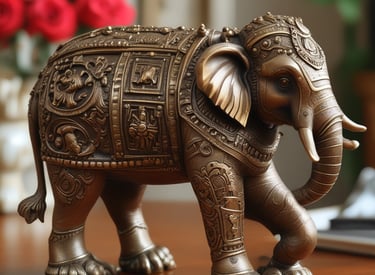 A wide array of small, intricate brass figurines and metallic objects are scattered across a teal surface. The assortment includes various miniature figures like animals, keys, and abstract shapes, with a prominent red object standing out amidst the monotone brass items.