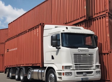 A moving truck with company branding is parked next to an open shipping container on a trailer. Two people are handling items near the container, while a car is parked in the background. The sky is overcast, and the ground appears to be asphalt.