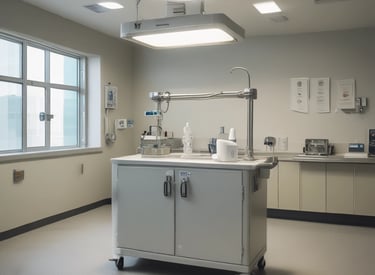 The image depicts a clean and modern hospital room featuring a hospital bed with advanced monitoring equipment attached. The room is well-lit with ceiling lights and has a large window with blinds, allowing natural light to enter. The floors are made of polished wood, and there are neutral-colored walls. Medical equipment and a computer monitor are suspended above the bed, contributing to the sterile and professional atmosphere of the room.