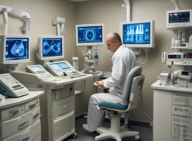 The image depicts a clean and modern hospital room featuring a hospital bed with advanced monitoring equipment attached. The room is well-lit with ceiling lights and has a large window with blinds, allowing natural light to enter. The floors are made of polished wood, and there are neutral-colored walls. Medical equipment and a computer monitor are suspended above the bed, contributing to the sterile and professional atmosphere of the room.