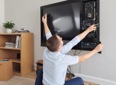 A row of air conditioning units is mounted on the exterior of a large, weathered white wall. The wall features several paintings, including portraits of individuals framed as if they are real windows or pictures. The ground is paved with orange-brown tiles, and the area appears to be an alley or side street with a clear blue sky overhead.