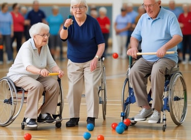 A wheelchair-accessible sign is mounted on a curved metal frame. The background features a partly sunny outdoor scene with trees, a structure with a sloped roof, and a clear sky.