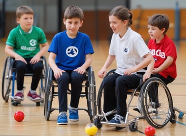 A blue beach wheelchair with large yellow wheels is positioned on a sandy shoreline. People are walking in the background near the water, and a large sand dune covered with patches of greenery is visible behind a row of beach houses.