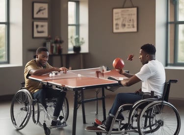 Inside a spacious gymnasium, several people sit on white plastic chairs observing a basketball game. One individual is using a smartphone to record or take pictures while players are in motion on the court. The environment is filled with natural light streaming through large windows, and the walls are decorated with banners.