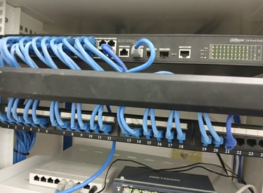 24-port PoE network switch with blue Ethernet cables organized in a server rack patch panel.