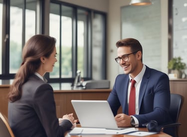 A professional advisor discussing insurance options with a client in an office setting.