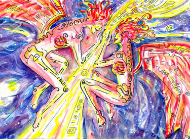 Illustration à l'aquarelle de la rencontre deux âmes ailées dans un décor galactique