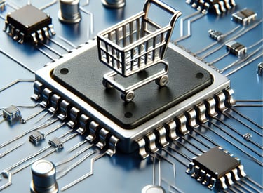Bir mikroçip üzerinde alışveriş arabası simgesi, elektronik projeler için ihtiyaç duyulan komponentl