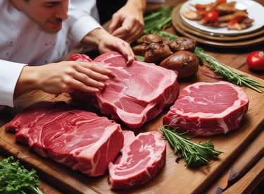 Various types of cured meats, including sausages, hams, and a packaged pancetta, are hanging from hooks. The meats are arranged on a wall, showing a rustic and artisanal display. Cooking tools with wooden handles are also hanging next to the meats.