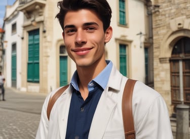 A young student in a white shirt and red tie sits at a wooden desk, holding a pencil poised above an open notebook. Behind him, two other students in similar attire are blurred in the background, suggesting a classroom environment decorated with a colorful chart on the wall.