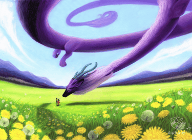 pastel painting depicting a purple dragon flying over a dandelion field towards a two people