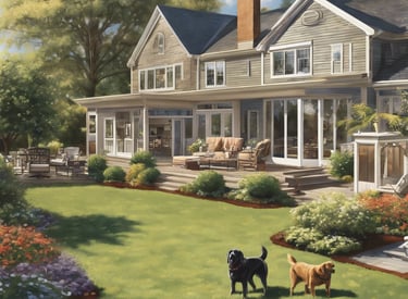 dog playing in yard with family