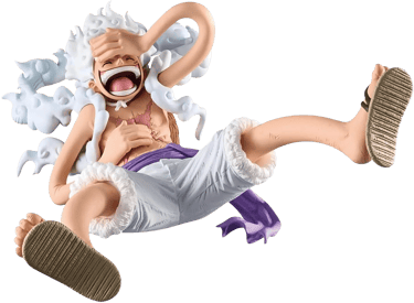 One Piece Monkey D. Luffy Gear 5 anime action figure with white hair and clouds on black background.