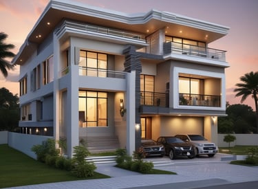 Modern residential building with clean lines and greenery around.