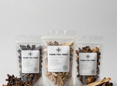 Clean, studio photography of traditional Indonesian herbal products in professional packaging on a minimalist white and light gray background, highlighting product safety and legality.