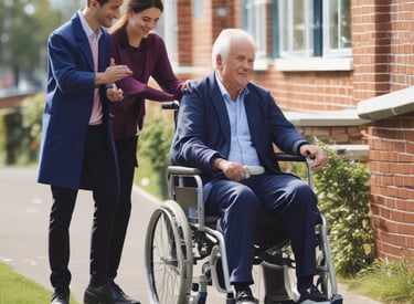 A compassionate nurse assisting an elderly patient in a bright care home setting.
