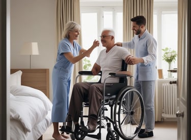A friendly nurse assisting an elderly patient in a bright, welcoming care home.