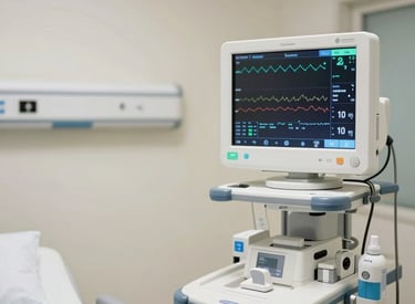 An advanced clinical observation room with a state-of-the-art patient monitor displaying biometric data, clean off-white aesthetics, North American / International medical center environment.