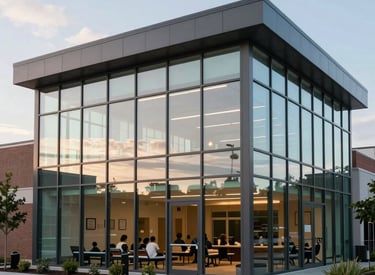 Architectural photography of a modern, inviting community wellness center in a North American setting, glass facade reflecting a soft morning sky in steel blue and mint tones.
