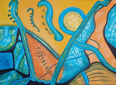 Confluence — fluid blue forms on amber ground evoking open sea currents, acrylic, by Zanda