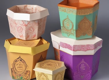 Close-up of a neatly packed biriyani box with vibrant branding on a rustic wooden table.