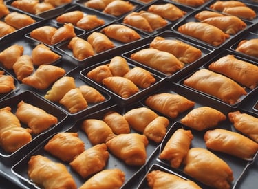 Stack of clean, eco-friendly paper food trays ready for delivery in a modern kitchen.