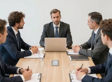 A team of advisors discussing plans around a table with construction models.