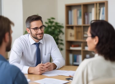 A mediator facilitating a respectful conversation between two parties in a neutral setting.