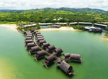 Drone photography of Fiji Marriott Resort Momi Bay, built on a lagoon with direct water access.