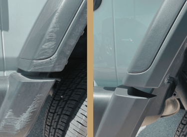 Before and after comparison of scuffed car plastic fender flare restoration.