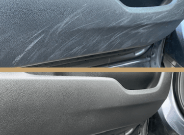 Before and after comparison of scuff mark removal on a plastic car door interior panel.
