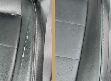 Before and after comparison of a professional leather car seat repair for a cracked bolster.
