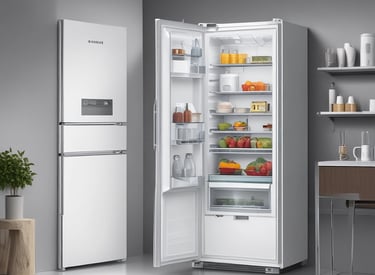 A shattered glass panel with a sticker labeled 'Power Savings Guide' and a note indicating a 10-year warranty. The background includes a kitchen setting with a water dispenser, dishes, and some utensils.