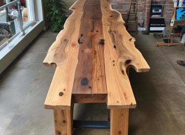 A modern building featuring a distinctive roof with an angular design, contrasted by bright yellow window frames and accents. The facade is a mix of concrete and dark cladding, creating a robust architectural style. Smaller adjacent structures are visible, along with a tree in the foreground and part of another building in the background.