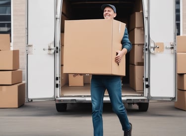 A person in a white shirt is maneuvering a large white furniture piece on a wheeled dolly across a street. Palm trees are visible in the background, suggesting a warm climate. The scene has a vintage filter effect.