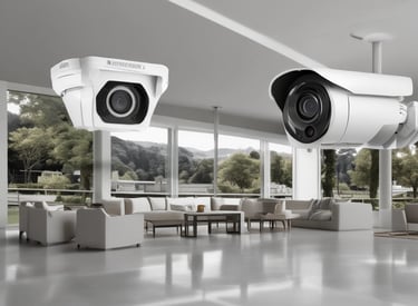 A computer desk setup is illuminated in red light. Two monitors display an electronic circuitry pattern. The desk holds a keyboard, mouse, and a game controller stand. An adjustable desk lamp is positioned to the side, and a gaming PC with visible internal lighting sits to the right.