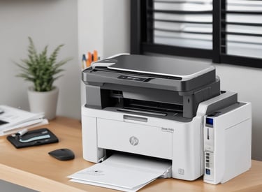 The image displays a computer store counter with various tech products. A stack of boxes, including gaming keyboard packaging and electronic cooling system, is present. Shelves in the background hold more tech products, including a printer, headphones, and other electronics. The scene is colorful, with a green wall behind the counter and a keyboard with colorful lighting.