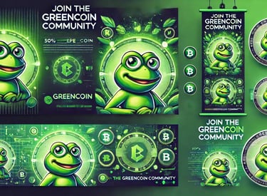 A vibrant and futuristic GreenCoin banner featuring a sleek, eco-friendly design. The artwork highlights the fusion of crypto