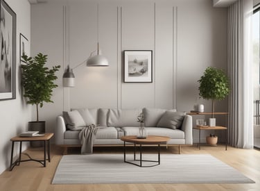 A person wearing protective clothing, a face mask, and gloves is cleaning a white cushioned furniture piece using a vacuum cleaner. The setting appears to be indoors with bright natural light streaming in through large windows. A green potted plant is placed next to a white sofa, adding a touch of nature to the clean and tidy environment.