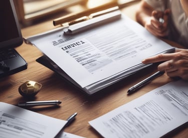 A professional accountant reviewing tax documents at a desk.