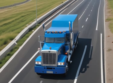 A truck loaded with cargo driving on a highway surrounded by greenery.